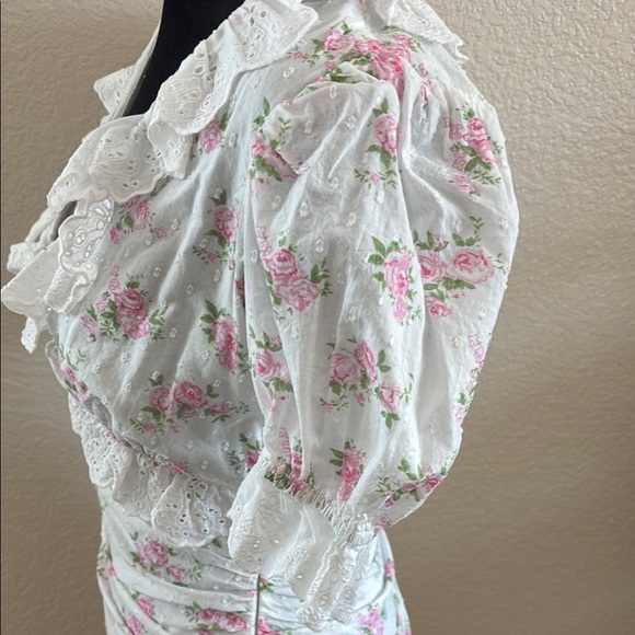 ASOS DESIGN eyelet rose floral loveshack fancy vibe frill ruched mini dress 0128 - Picture 5 of 10